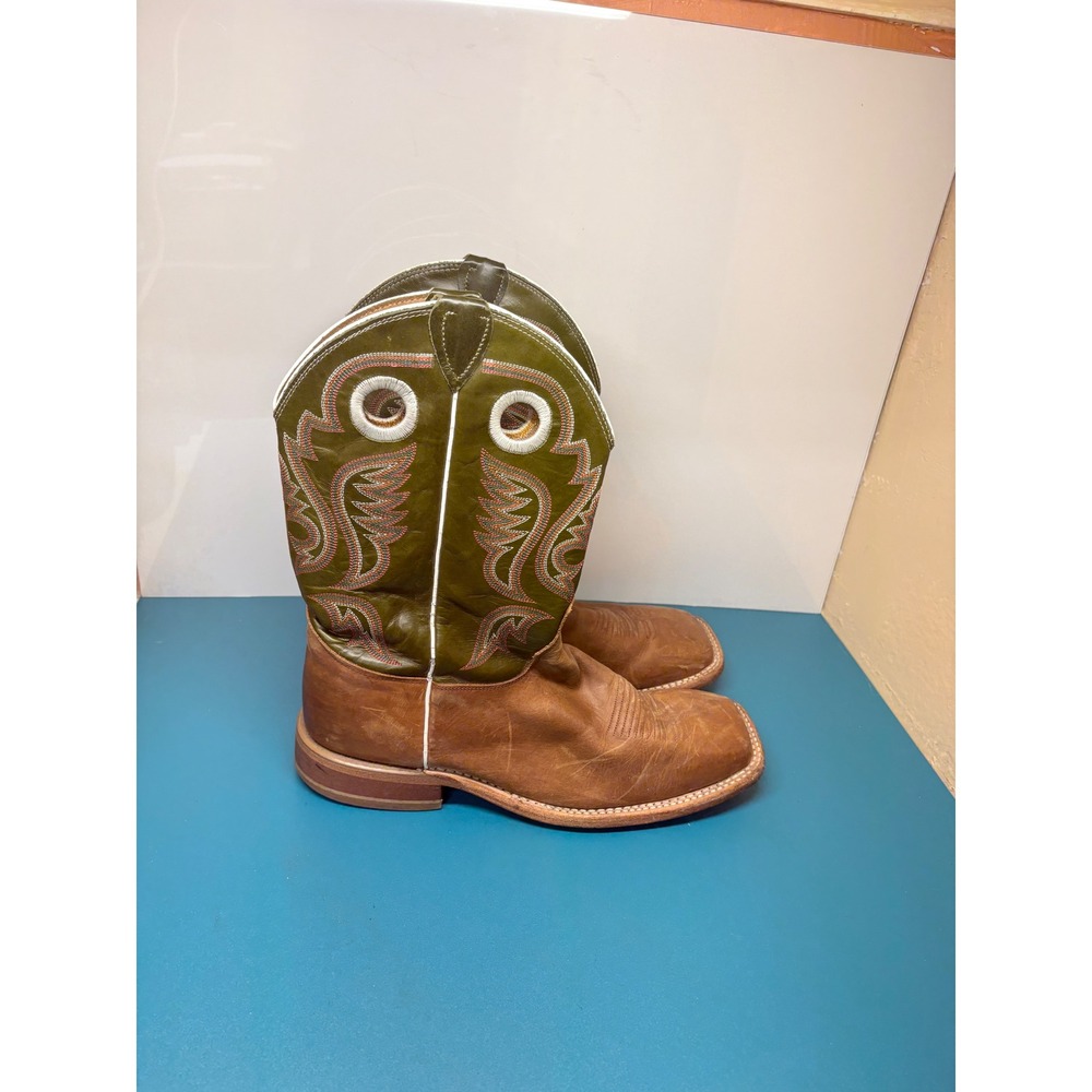 Justin Mens 10EE Bent Rail Brown Olive Green Leather Square Toe Cowboy Boots